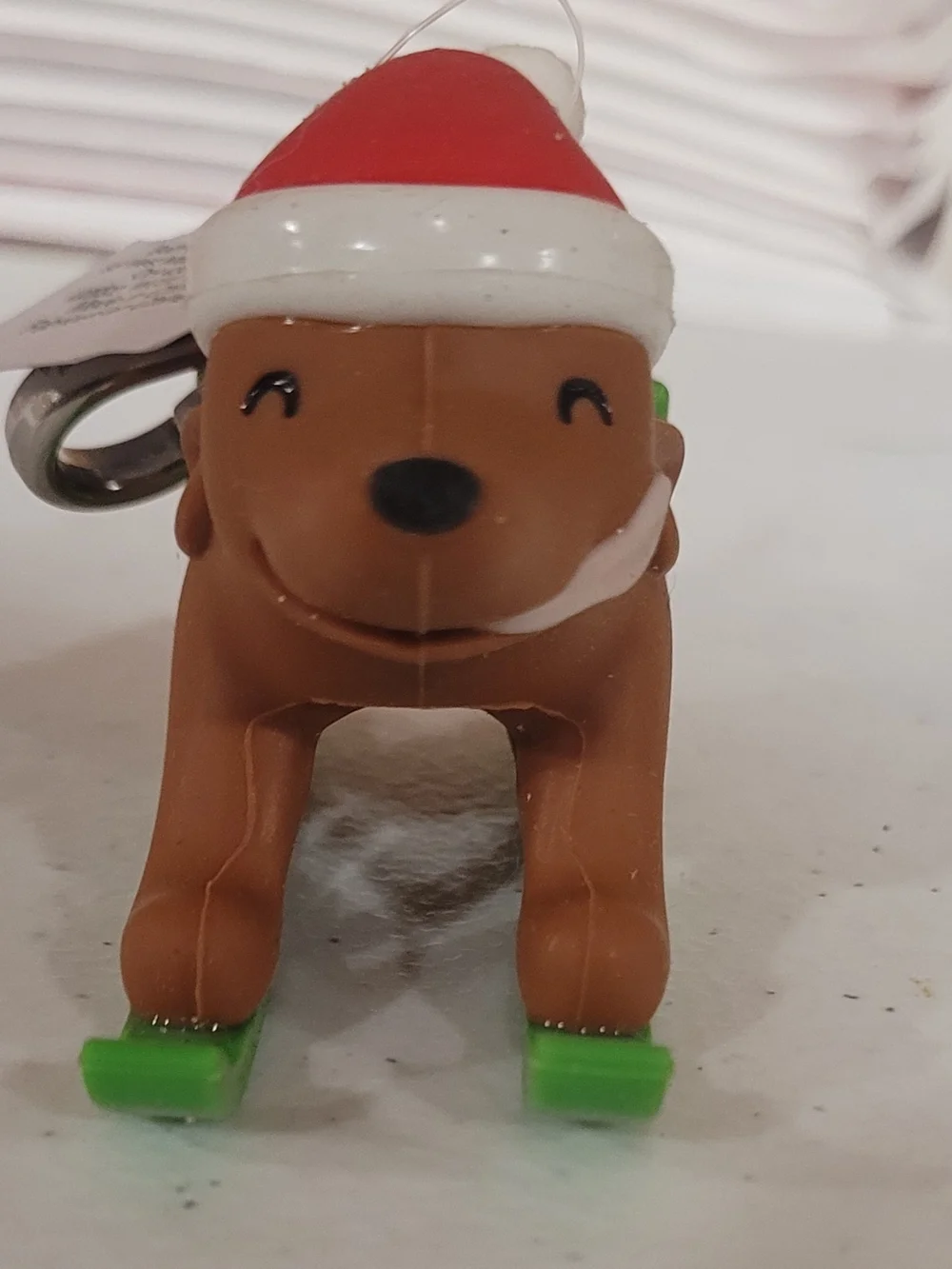 Bath & Body Works Brown Skiing Dog Keychain Pocketbac Holder with Red Santa Hat
